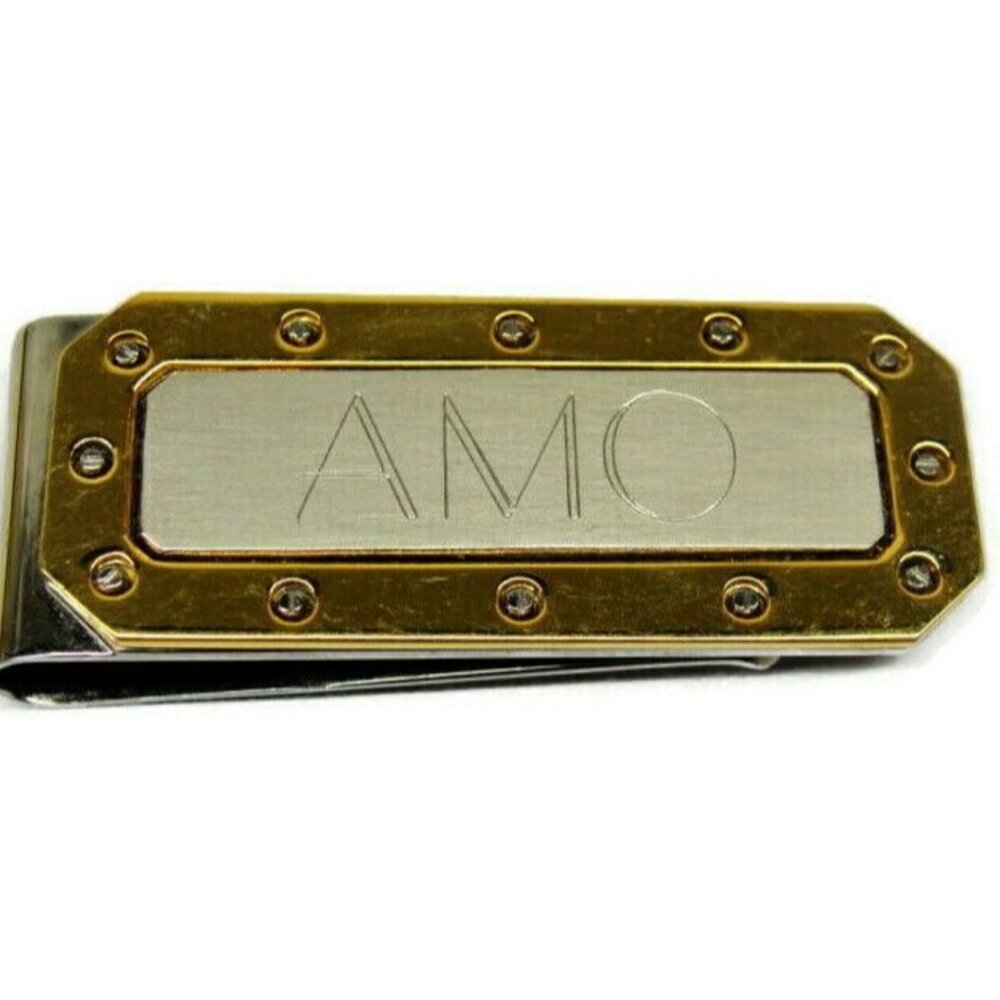 "AMO" Initials Money Clip Stainless Steel Credit Card Cash Silver Tone Gold Tone
